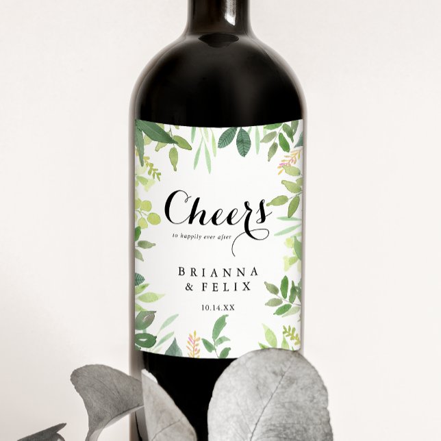 Étiquette Pour Bouteilles De Vin Verdure Botanique Foliage Cheers Mariage (Créateur téléchargé)