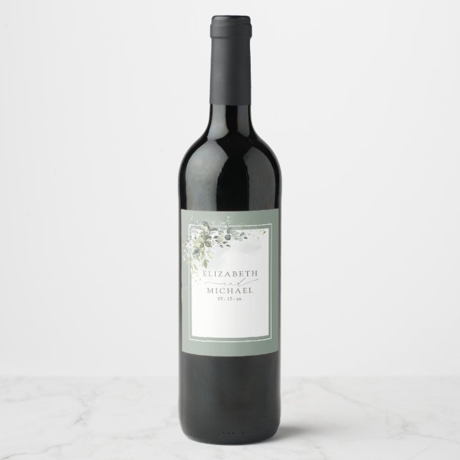 Étiquette Pour Bouteilles De Vin Verdure botanique Mariage d'aquarelle fleurie (Devant)