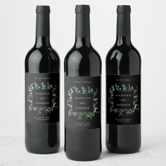 Étiquette Pour Bouteilles De Vin Vert botanique moderne Mariage noir (Bouteilles)