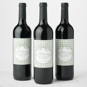 Étiquette Pour Bouteilles De Vin Vert Gingham Coquette Nœud Fête d'anniversaire