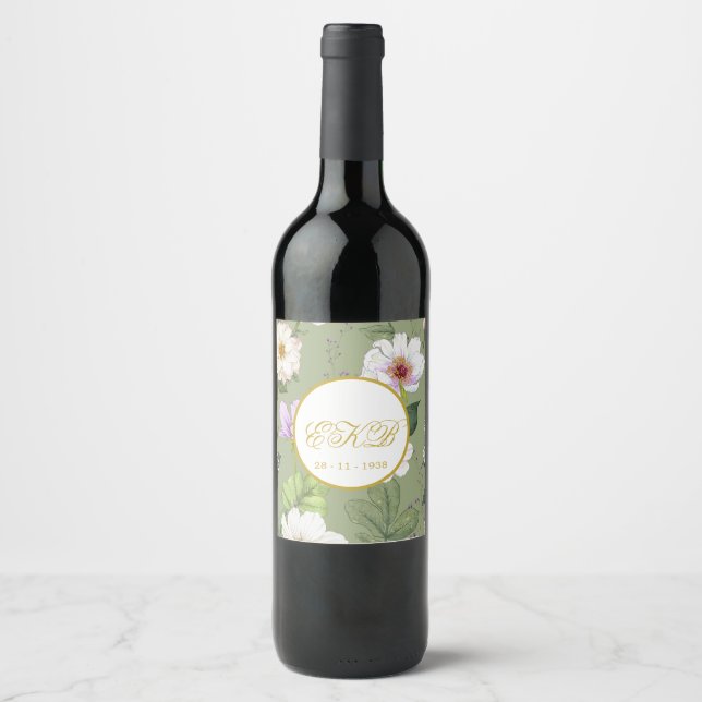 Étiquette Pour Bouteilles De Vin Vert or floral élégant Monogramme moderne (Devant)