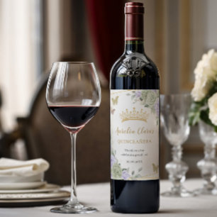 Étiquette Pour Bouteilles De Vin Vert sauge Fleurs violettes Or Quinceañera Anniver
