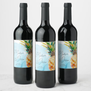 Étiquette Pour Bouteilles De Vin Vibrant Mariage d'aquarelle à ananas tropicale
