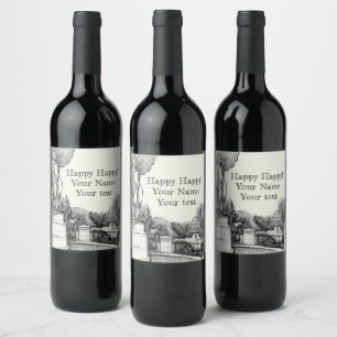 Étiquette Pour Bouteilles De Vin Vieille fontaine dans le parc avec garçon sculpté