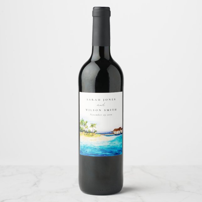Étiquette Pour Bouteilles De Vin Villa Tropical Overwater Seascape Beach Mariage (Devant)