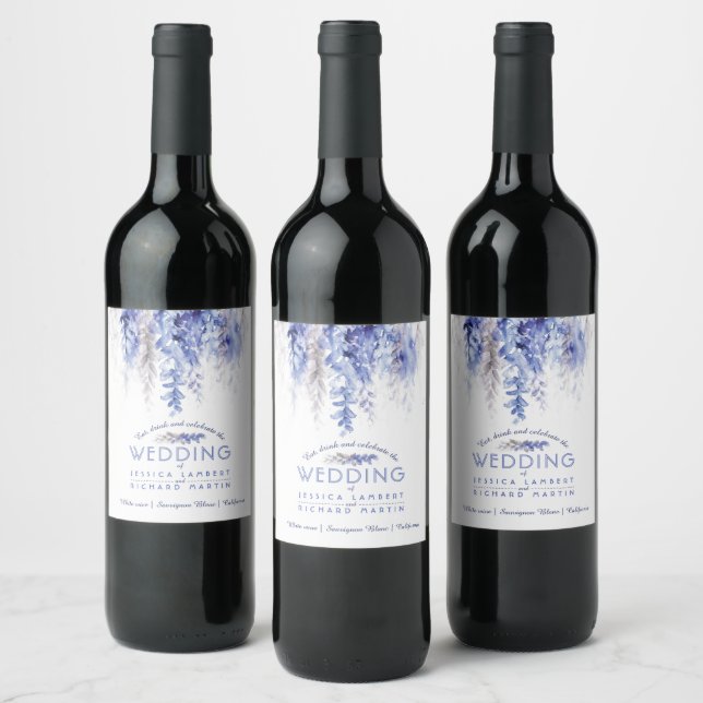 Étiquette Pour Bouteilles De Vin Vin aquarelle bleu foncé gris blanc mariage (Bouteilles)