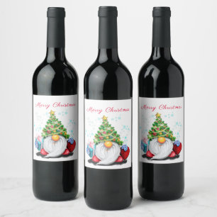 Étiquette Pour Bouteilles De Vin Vin de Noël Étiquette heureux Gnome avec cadeau
