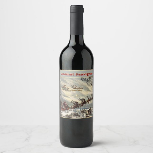 Étiquette Pour Bouteilles De Vin Vin de Noël livré par Sleigh (Devant)
