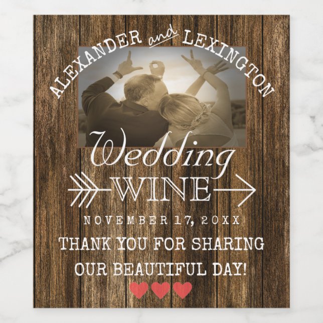 Étiquette Pour Bouteilles De Vin Vin mariage | Photo de pays rustique personnalisée (Étiquettes simples)