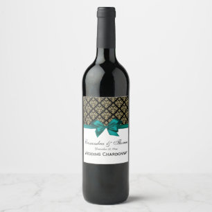 Étiquette Pour Bouteilles De Vin Vintage Gold Black Damask Turquoise W Wine Bottle 