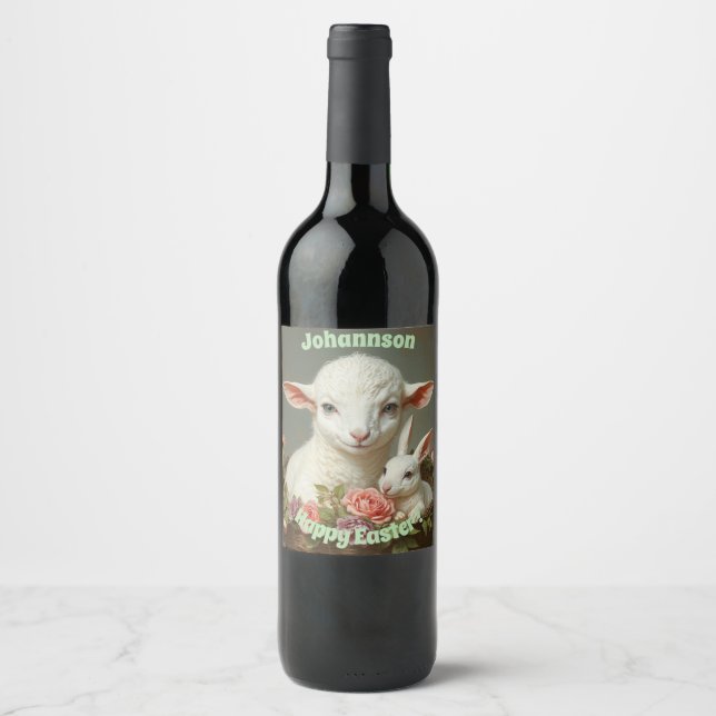 Étiquette Pour Bouteilles De Vin Vintage Pâques Personnaliser Lamb & Bunny (Devant)