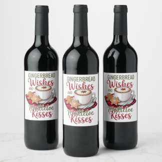 Étiquette Pour Bouteilles De Vin Vœux de pain d'épices et baisers de gui - Fêtes