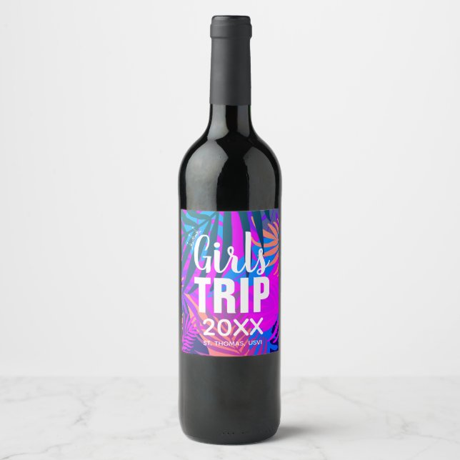 Étiquette Pour Bouteilles De Vin Voyage de filles tropicales avec Couronne, Année & (Devant)