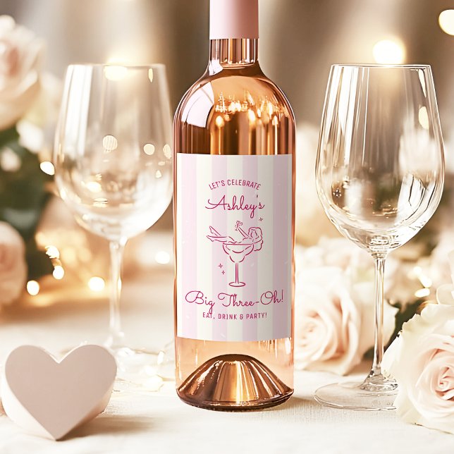 Étiquette Pour Bouteilles De Vin Whimsical Pink Hand Drawn Cocktail 30e anniversair (Hello Three Oh! elegant striped whimsical hand drawn cocktail wine label)
