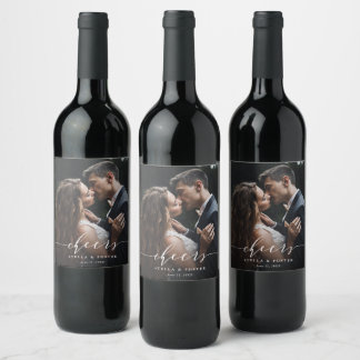 Étiquette Pour Bouteilles De Vin White Cheers Élégante Calligraphie Mariage Photo