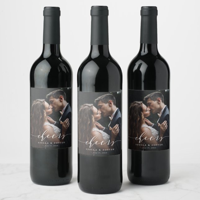 Étiquette Pour Bouteilles De Vin White Cheers Élégante Calligraphie Mariage Photo (Bouteilles)