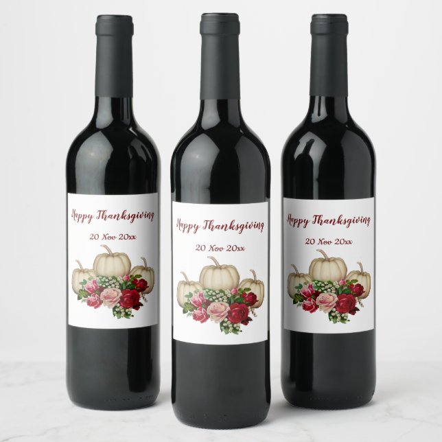 Étiquette Pour Bouteilles De Vin White Fall Citrouille Russe Roses Thanksgiving (Bouteilles)