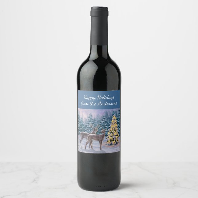 Étiquette Pour Bouteilles De Vin Whitetail Deer & Christmas Tree Scene hivernale (Devant)