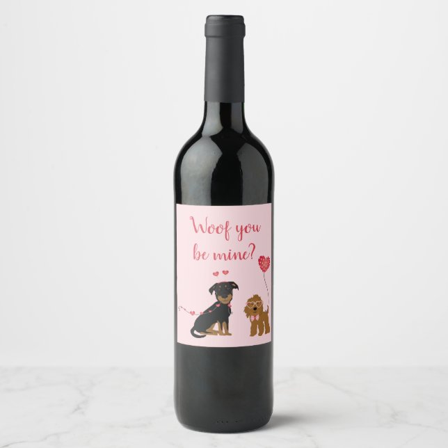Étiquette Pour Bouteilles De Vin Woof You Be Mine Valentine Dogs (Devant)