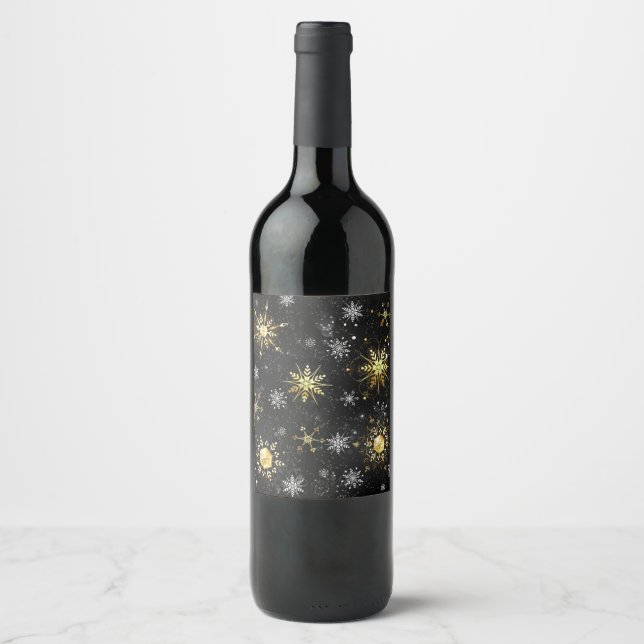 Étiquette Pour Bouteilles De Vin Xmas Golden Snowflakes on Black Background (Devant)