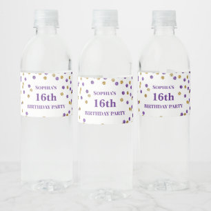 Étiquette Pour Bouteilles D'eau 16e anniversaire Purple Gold Confetti