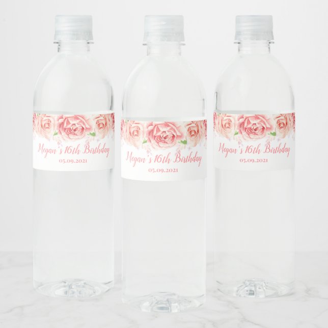 Étiquette Pour Bouteilles D'eau 16e fête d'anniversaire Gold rose Fleurs (Bouteilles)