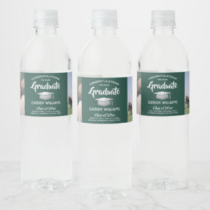 Étiquette Pour Bouteilles D'eau 2 Photo Graduation Party Dark Green White & Silver