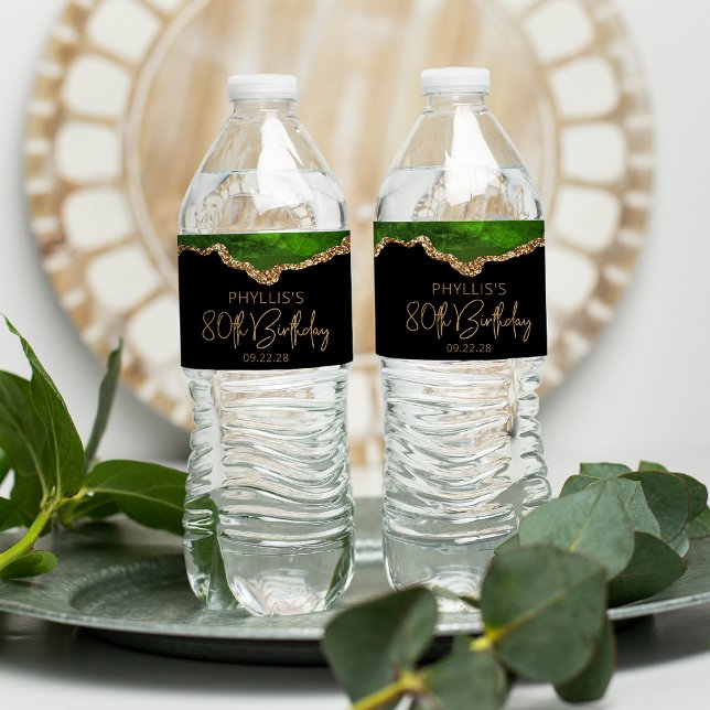 Étiquette Pour Bouteilles D'eau 80e anniversaire de fête Green Gold Agate (Créateur téléchargé)