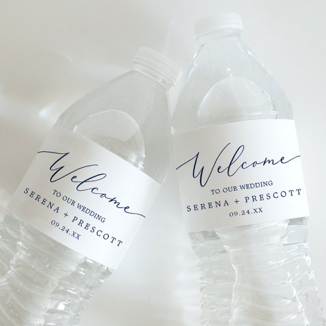 Étiquette Pour Bouteilles D'eau Accueil Mariage de calligraphie Bleu délicat (Créateur téléchargé)