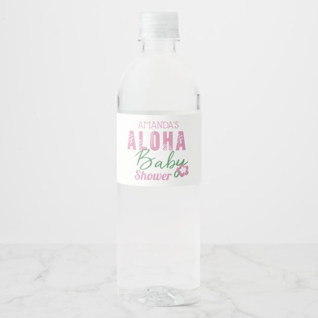 Étiquette Pour Bouteilles D'eau Aloha Bébé rose et vert Baby shower tropical fille (Devant)