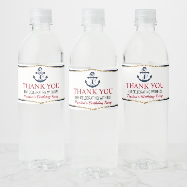 Étiquette Pour Bouteilles D'eau Ancre Bleue Marine Nautique Anniversaire Fête Favo (Bouteilles)