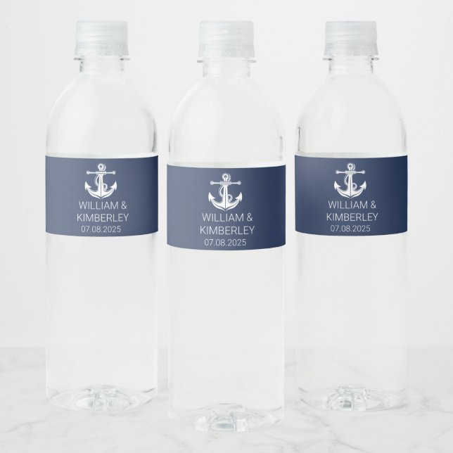 Étiquette Pour Bouteilles D'eau Ancre Marine Bleu Nautique Élégant Mariage (Bouteilles)