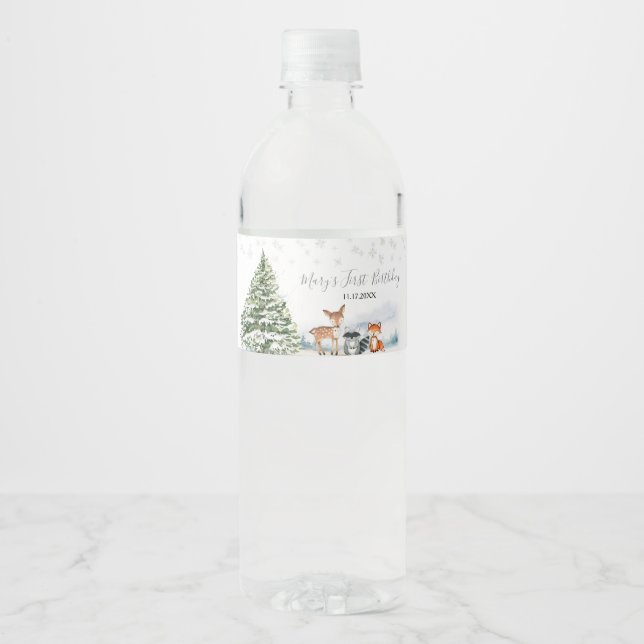 Étiquette Pour Bouteilles D'eau Animaux à feuillage persistant Hiver Onederland An (Devant)