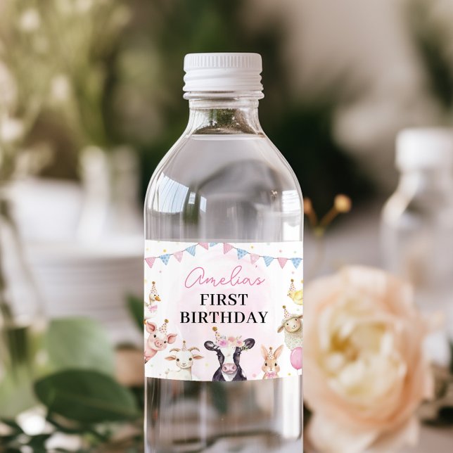 Étiquette Pour Bouteilles D'eau Animaux de ferme Fille rose Anniversaire (Créateur téléchargé)