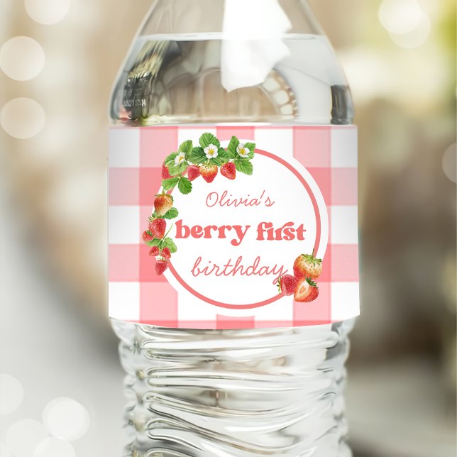 Étiquette Pour Bouteilles D'eau Anniversaire des fraises roses En vichy (Créateur téléchargé)