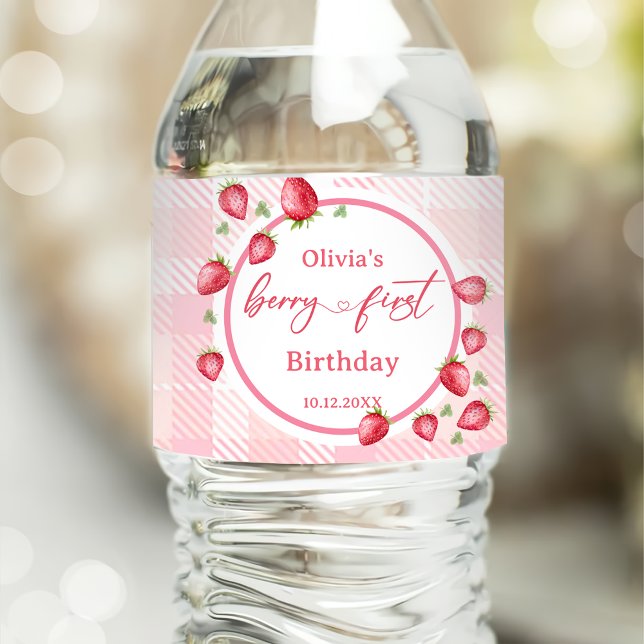 Étiquette Pour Bouteilles D'eau Anniversaire des fraises roses En vichy (Créateur téléchargé)