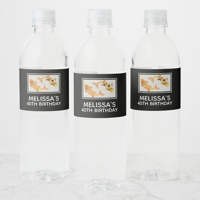 Étiquette Pour Bouteilles D'eau Anniversaire élégant de Gold Koi Poisson (Bouteilles)
