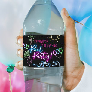 Étiquette Pour Bouteilles D'eau Anniversaire Fête de Piscine Moderne Néon Noir
