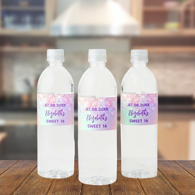 Étiquette Pour Bouteilles D'eau Anniversaire fête holorgraphic rose violet (Créateur téléchargé)