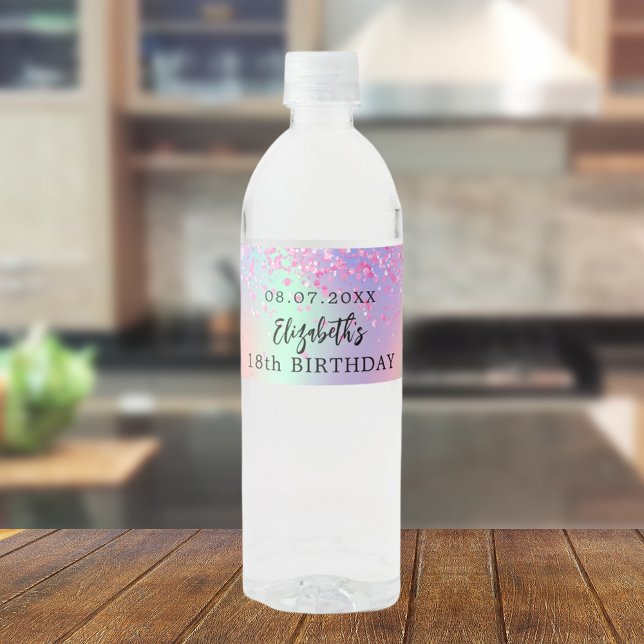 Étiquette Pour Bouteilles D'eau Anniversaire fête rose violet parties scintillant  (Créateur téléchargé)