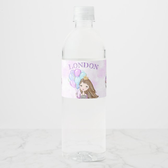 Étiquette Pour Bouteilles D'eau Anniversaire Princesse Lavande Turquoise Or (Devant)