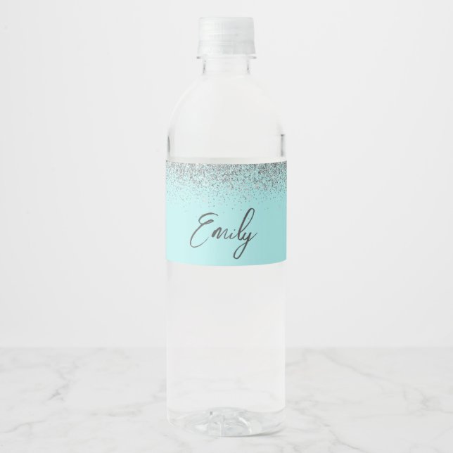 Étiquette Pour Bouteilles D'eau Aqua bleu Turquoise Parties scintillant argent Mon (Devant)