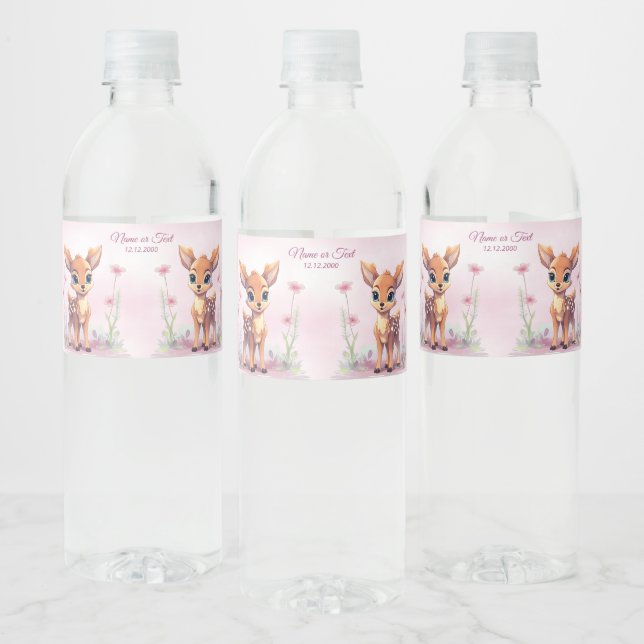 Étiquette Pour Bouteilles D'eau Aquarelle Bébé Cerf Fleurs roses (Bouteilles)