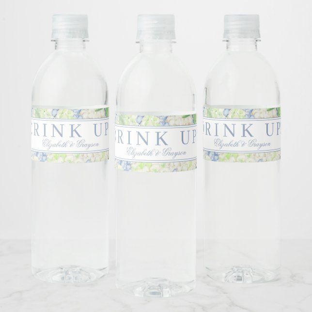 Étiquette Pour Bouteilles D'eau Aquarelle Bleu et Blanc Hydrangea Crest (Bouteilles)