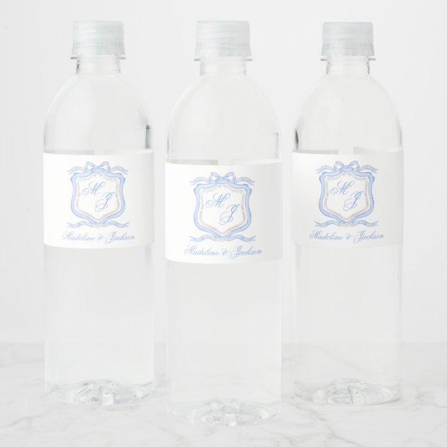 Étiquette Pour Bouteilles D'eau Aquarelle Designer Blue Monogram Crest (Bouteilles)