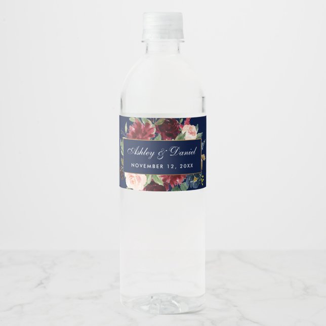 Étiquette Pour Bouteilles D'eau Aquarelle Floral Bourgogne Bleu Mariage Or (Devant)