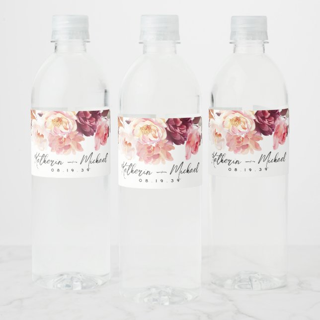 Étiquette Pour Bouteilles D'eau Aquarelle Floral Bourgogne Mariage (Bouteilles)