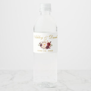Étiquette Pour Bouteilles D'eau Aquarelle Floral Bourgogne Mariage or