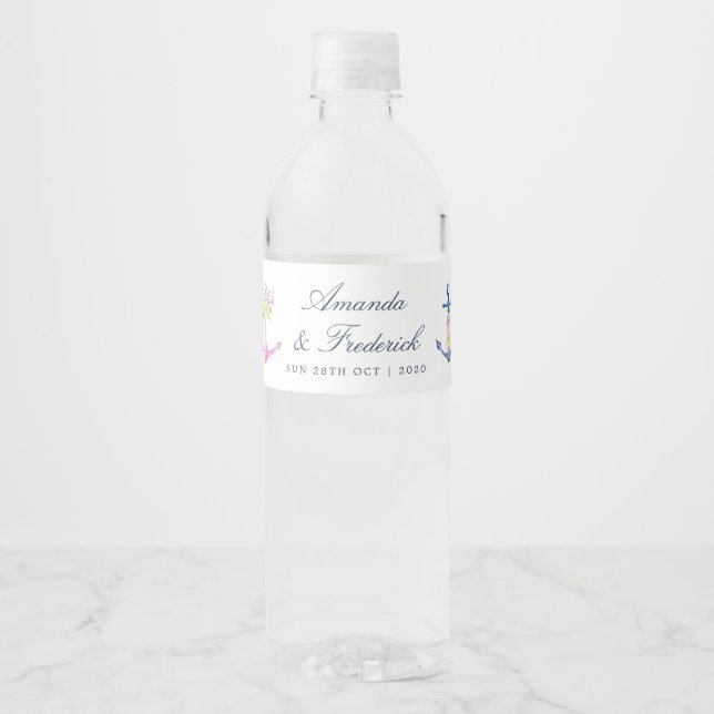 Étiquette Pour Bouteilles D'eau Aquarelle Floral Mariage nautique (Devant)