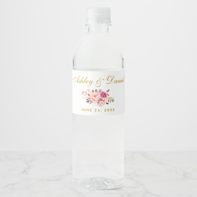 Étiquette Pour Bouteilles D'eau Aquarelle Floral Rose Blush Mariage or (Devant)